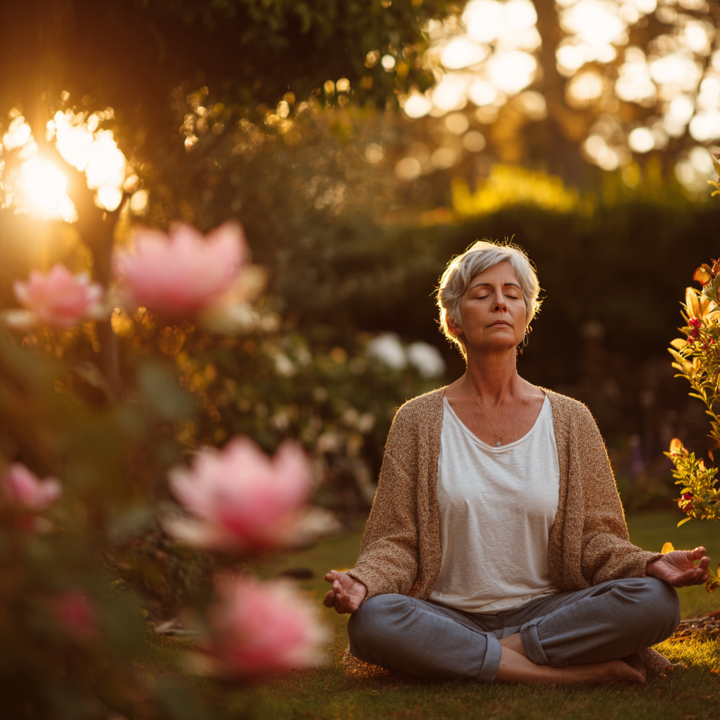 Mature woman practicing meditation in peaceful garden setting during sunrise