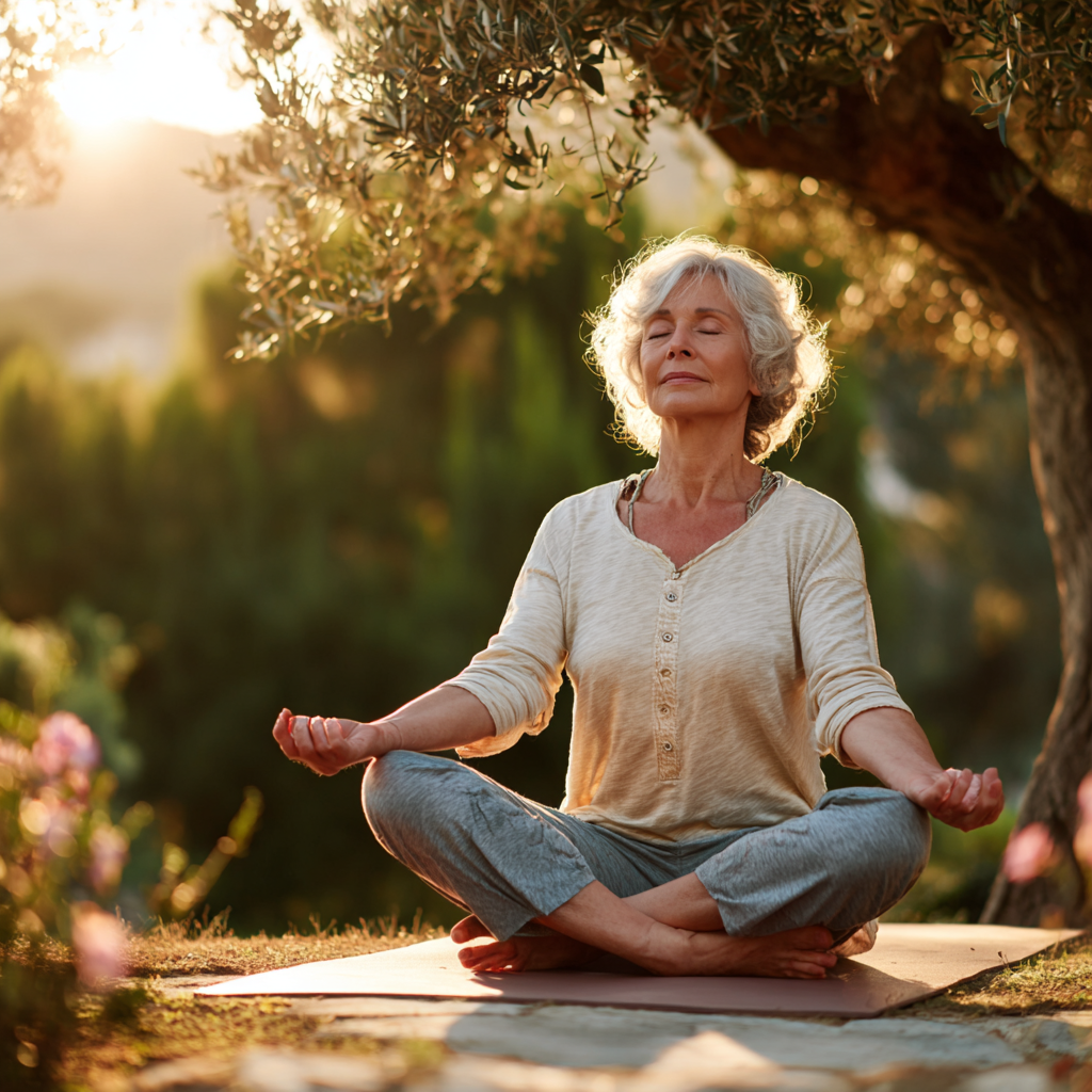 Senior adult practicing gentle yoga poses outdoors in natural environment